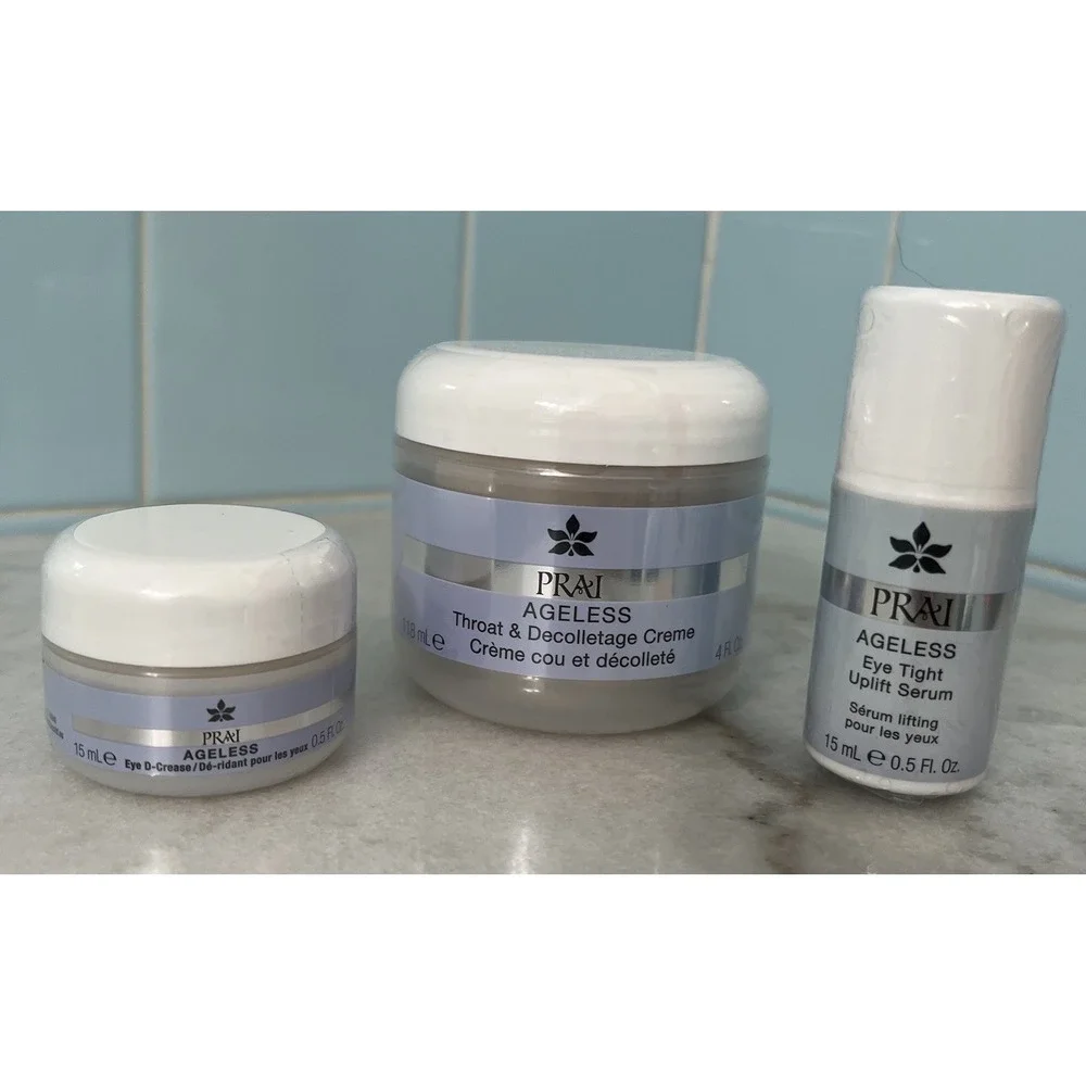 PRAI Ageless Skincare Set of 3‎ NOS Throat & Décolletage Cream + 2 Eye Creams